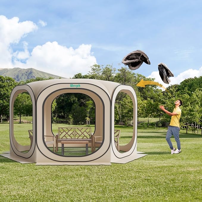Werph 12x12 Pop Up Screen Tent, Mosquito Net Gazebo, UV Resistant, Beige | Roof Waterproof Screen Canopy, Quick Setup Outdoor Shelter for Backyard, Patio, Garden, Picnic, Camping and Events