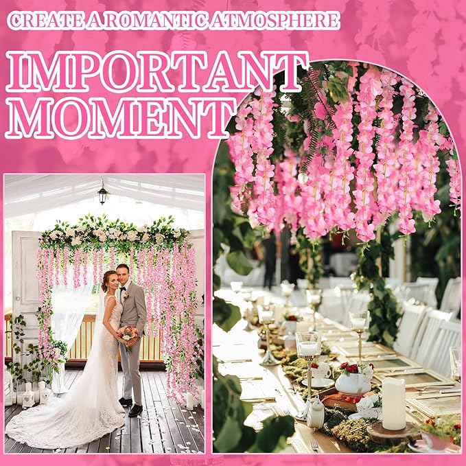50 Pack Pink Wisteria Hanging Flowers,Fake Hanging Wisteria Flowers Garland for Decoration (3.6 Ft/Pcs)
