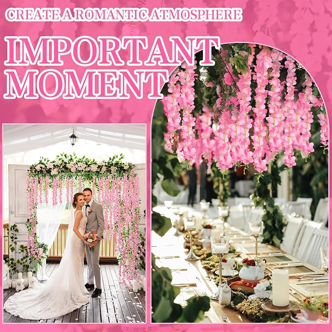 200 Pack Pink Wisteria Hanging Flowers,Fake Hanging Wisteria Flowers Garland for Decoration (3.6 Ft/Pcs)