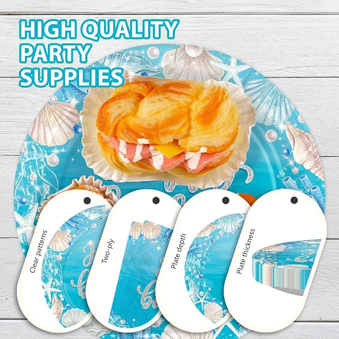 96Pcs Ocean Sea Party Decorations Ocean Waves Birthday Plates and Napkins Disposable Summer Blue Sea Tableware Sets for Boys Girls Birthday Baby Shower Coastal Party Supplies, Serves 24