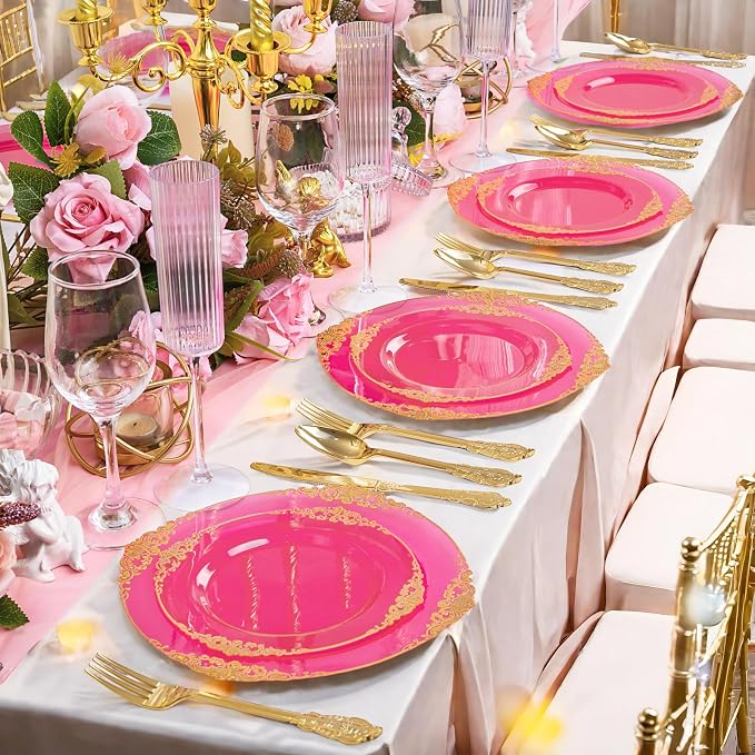 125PCS Hot Pink Plastic Plates - Clear Pink Gold Disposable Plates - Hot Pink Party Plate with Gold Plastic Silverware Set for 25 Guests for Wedding Birthday Party Baby Shower