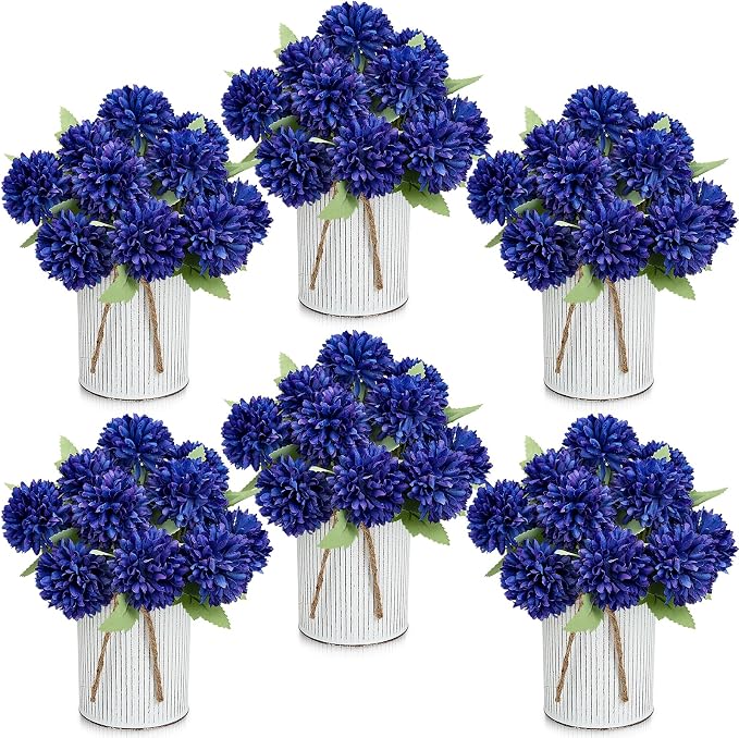 Pre-Made Flower Table Centerpieces, Set of 6 Artificial Silk Chrysanthemum with Farmhouse Metal Vases for Wedding, Birthday Parties, Home, Dining Table Decorations - Royal Blue