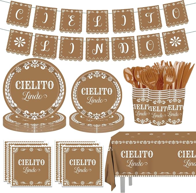 142 pcs Cielito Lindo Baby Shower Tableware, Mexican Theme White Talavera Baby Girl Shower Party Decoration Paper Plates Napkins Forks Serves 20