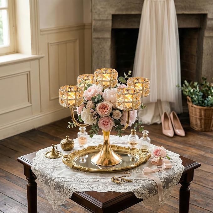 4 Pcs 5 Arm Metal Crystal Candelabra Centerpiece - 13.4 Inch Elegant Candle Holder with Crystal Beads for Wedding Party Christmas Home Dining Table Decoration (Style-B-Gold)