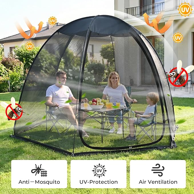 Alvantor® Pop Up Screen House Tent 10x10 FT, Snap-fit Black Mesh Screen Gazebo with Peaked Roof, Portable Screen Room Canopy Shelter with Sandbags for Camping, Backyard, Picnic