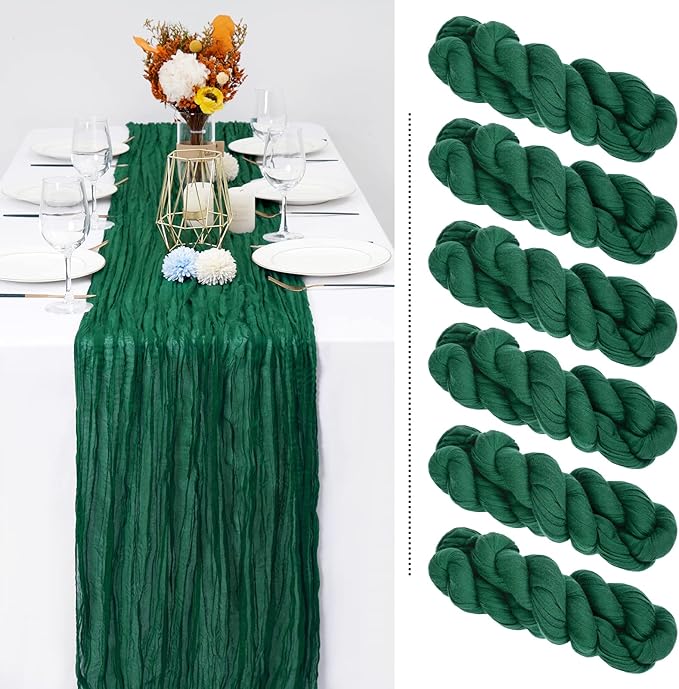 6 Pack Christmas Table Runner 10FT Dark Green Cheesecloth Table Runner Long Semi-Sheer Gauze Fabric Boho or Rustic Wedding Table Decor for Wedding Arch Draping Bridal Shower Baby Shower Holiday Party