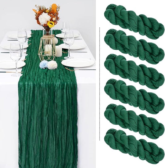 6 Pack Christmas Table Runner 10FT Dark Green Cheesecloth Table Runner Long Semi-Sheer Gauze Fabric Boho or Rustic Wedding Table Decor for Wedding Arch Draping Bridal Shower Baby Shower Holiday Party