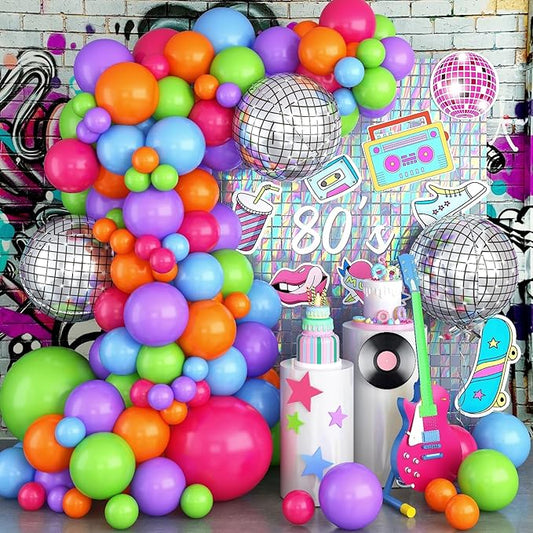 Neon Balloon Arch Garland Kit, Colorful Rainbow 70s 80s 90s Theme Party Decorations, Pink Purple Lime Green Orange Blue & Disco Ball Balloons for Retro Nostalgia Prom Birthday Part Decoration Supplies