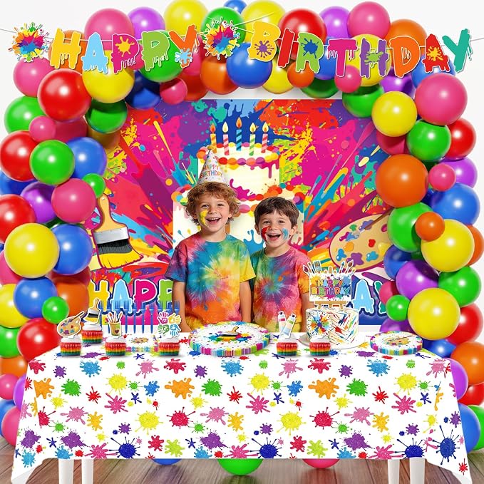 Paint Party Decorations, Art Party Decorations with Balloon Arch Kit, Banner, Backdrop, Tablecloth, Plates, Napkins, Forks, Cake Topper, Cupcake Toppers