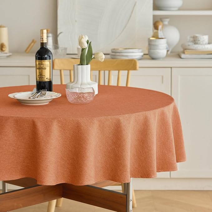 Decorelia Fall Farmhouse Round Table Cloth for Indoor/Outdoor, Harvest Thanksgiving Faux Linen Washable Tablecloth Cover for Party Dining & Kitchen Table Decor (60 Inch,Round (2-4 Seats), Orange)