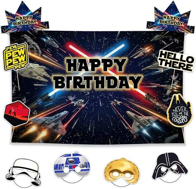 Allenjoy Space War Birthday Party Decorations Set - 11 Piece Kit with 59"x35" Backdrop, 6 Headbands, 4 Photo Booth Props, Decor Supplies, Favors for Son Men Boys Teens Fans