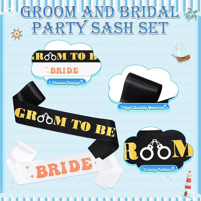 JaGely 4 Pcs Groom Bride Captain Hat with Veil Bachelor Sash Bachelorette Accessories for Wedding Bridal Shower Honeymoon