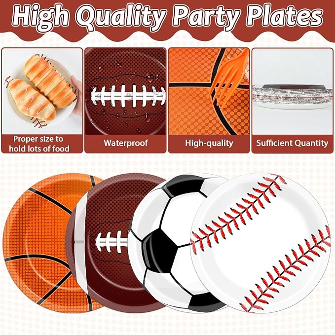 Lonfliness 96 Pcs Sports Party Decoration Sport Plates and Napkins Basketball Football Baseball Dessert Cake Tableware Supplies Rugby Theme Activities Game Disposable Paper Party Dinnerware Favor