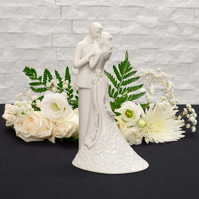 Roman 8.5" Wedding Cake Topper – Elegant Bride and Groom Figurine with “Love Is Patient” Inscription, Porcelain Finish, Wedding or Anniversary Keepsake