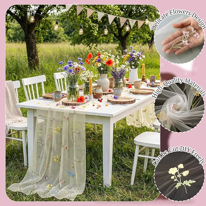 Lounsweer 3 Pcs Apricot Wildflower Table Runner 10ft Embroidery Tulle Spring Floral Table Runner Seasonal Summer Butterfly Kitchen Dining Gauze Decoration for Wedding Baby Shower Birthday Party