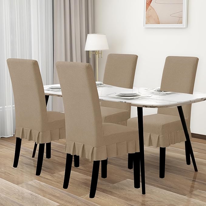 Easy-Going Dining Chair Covers Stretch Parsons Chair Slipcover with Skirt Chair Covers for Dining Room Restaurant Banquet (4 PCS, Khaki)