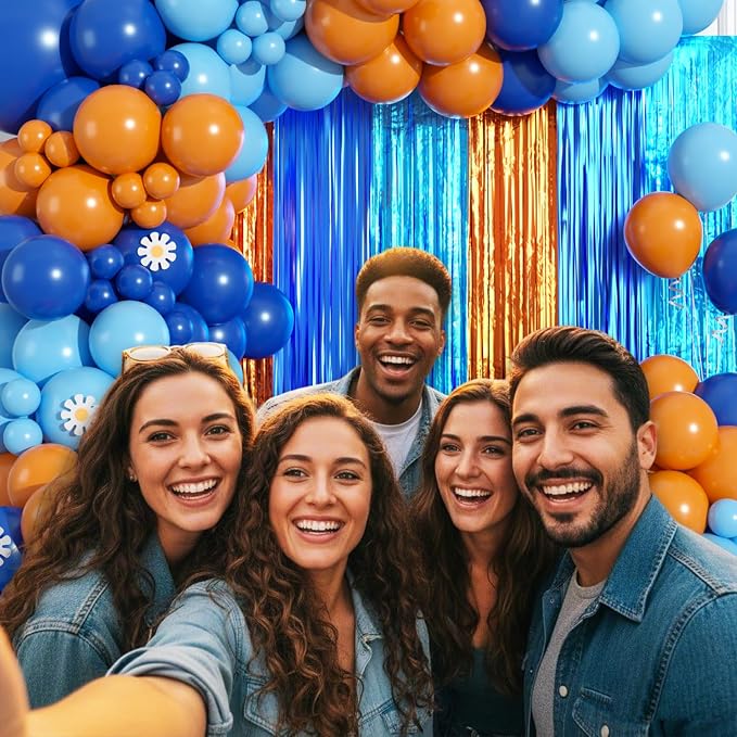 Blue Orange Balloon Arch Garland Kit Birthday Party Decorations, Orange Blue and Light Blue Foil Fringe Curtains Backdrop Tinsel Streamers Banner Photo Booth Props Dog Themed Party Decor Supplies