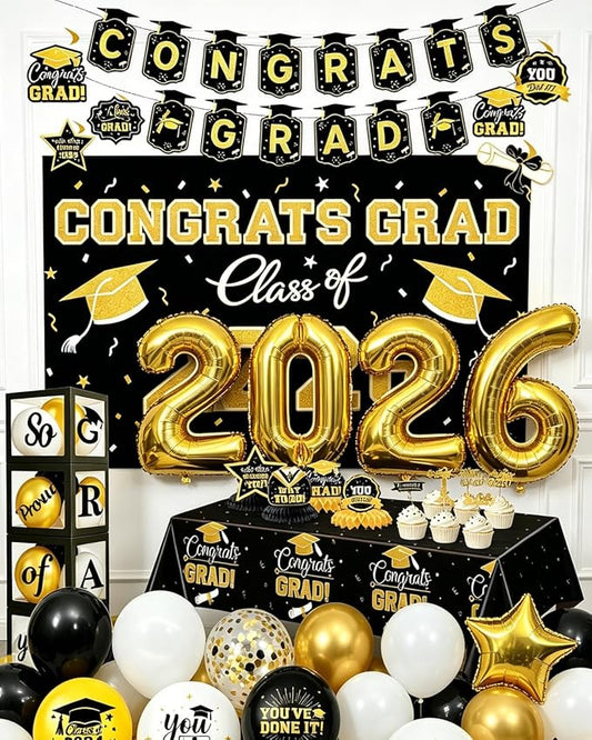 85Pcs Black and Gold Graduation Decorations Set, 2026 Class of 2026 Decorations, Black Gold Congrats Grad Party Supplies include Card Box with Letters Graduation Party Supplies for High School College
