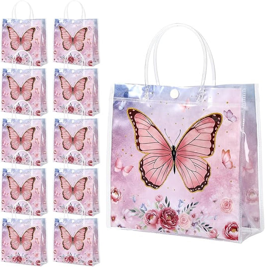 Sweetude 24pcs Clear Party Favor Bags PVC Plastic Gift Bags with Handles Party Favor Pattern for Candy Snack Birthday Baby Shower Supplies (Butterfly)