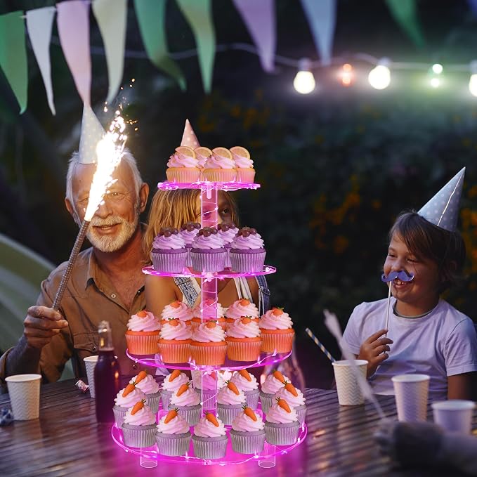 YestBuy 4 Tier Round Cupcake Stand – Premium Cupcake Holder – Acrylic Cupcake Tower Display – Acrylic Display for Pastry + LED Light String – Ideal for Weddings, Birthday Parties & Events (Pink)