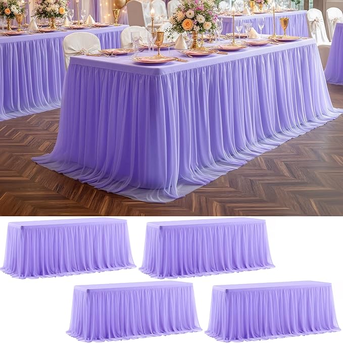 4 Pack Lavender Tulle Tablecloths with Skirt for 6 Foot Rectangle Tables Party Ruffle Tutu Tablecloth 6FT Stretch Fitted Table Cover for Wedding Reception Birthday Baby Shower Celebration Banquet