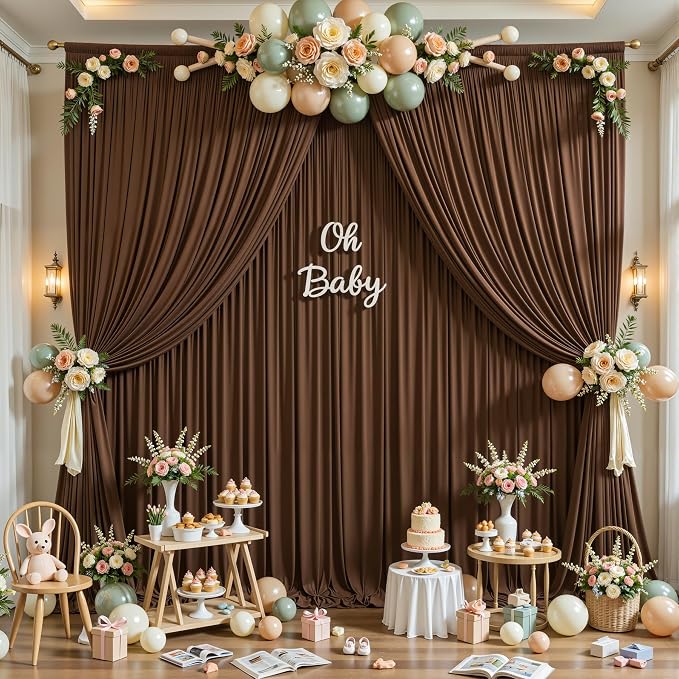 10ftx12ft Wrinkle Free Brown Backdrop Curtain, 2 Panels 12FT Long Wedding Photo Backdrop Drapes, Silky Polyester Back Drop Cloth for Birthday Photography Background Party Backdrop Draping