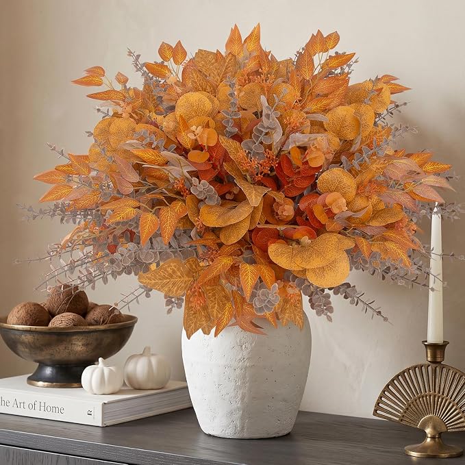260 Pcs Fall Mixed Greenery Artificial Eucalyptus Stems Bulk, 6 Kinds of Fake Eucalyptus Leaves, Autumn Faux Floral Arrangement for Wedding Bouquet, Farmhouse Home Thanksgiving Decor (260, Orange)