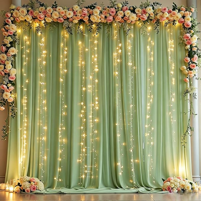 10 x 10ft Sage Green Backdrop Curtains with Lights String Green Polyester Photo Drapes Wrinkle Free Curtains Backdrop for Birthday Parties Wedding Reception Baby Shower Ceremony-5 x 10ft x 2P