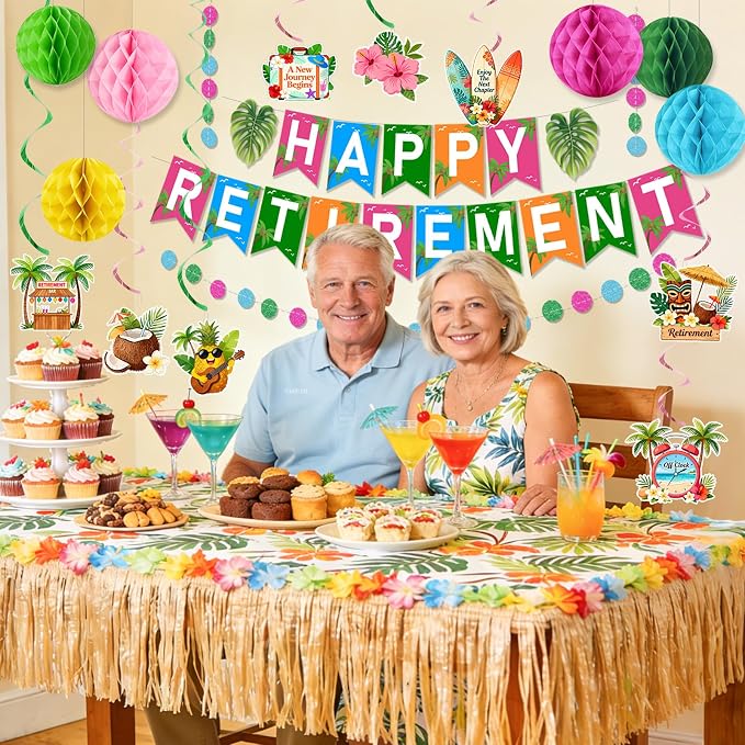 Luau Hawaiian Retirement Party Decorations for Men Women Tropical Happy Retirement Banner Honeycomb Balls Hanging Swirl Circle Dots Garland Beach Summer Retirement Party Supplies