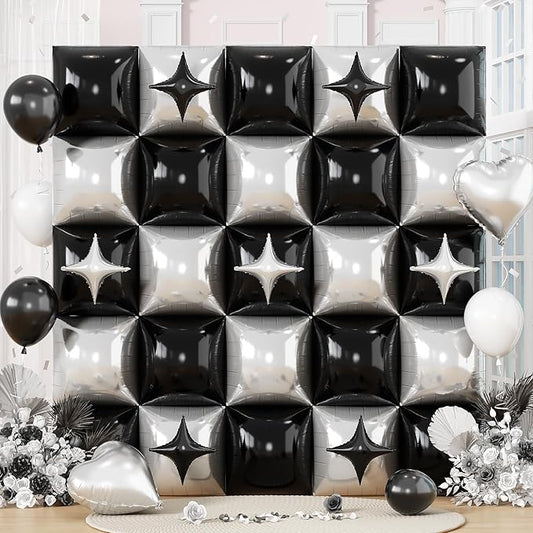 32PCS Black and Silver Square Foil Balloons Wall, Double Sided Metallic Silver Black Checkered Square Balloon Backdrop Flat Tunnel with Star Balloon Background for Disco Birthdays Graduation New Year