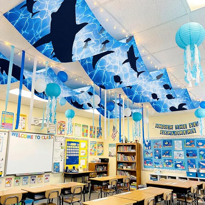 Feifeiya 3 Pcs Under The Ocean Classroom Ceiling Decor 24 Inch x 12 ft Summer Whale Birthday Party Decor VBS 2026 Under The Sea Ceiling Cover Shark Banner for Preschool Kindergarden School Daycare