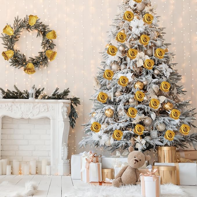 Gold Roses,30PCS Glitter Roses Bouquet Artificial Roses with Stems for Wedding Bouquet Party Christmas Home Decor(Gold)