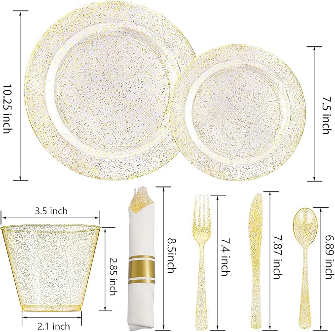 DaYammi 112Pcs Gold Glitter Plastic Plates,Gold Disposable Dinnerware - Gold Plastic Plates Includes 16 Dessert Plate,16 Dinner Plate,16 Per Rolled Napkins with Cutlery and Cups for Party Wedding