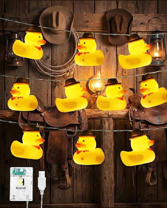 AceList Cowboy Rubber Duck String Lights - 20 LED Squeaky Night Light for Bedroom, Bathroom & Jeep Dashboard, USB/Battery Box Powered Novelty Western Gifts for Kids Christmas Party