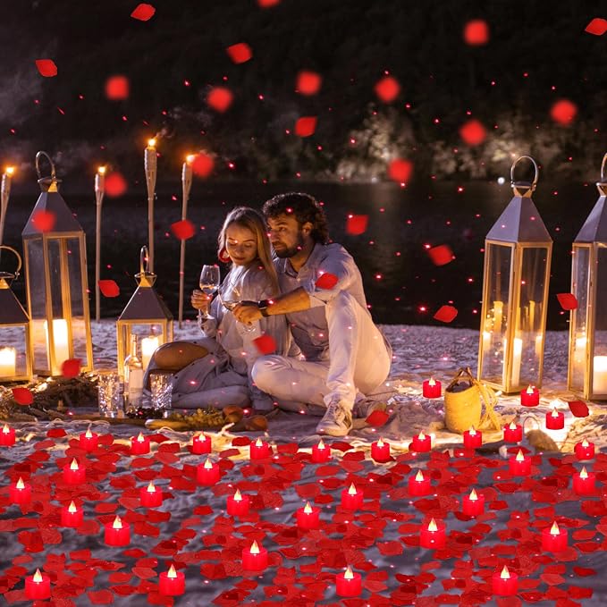 Hanaive 8000 Pcs Artificial Rose Petals with 120 Pcs Flameless LED Tea Light Candles Set Romantic Special Night Decorations for Proposal Anniversary Wedding Party Decor(Red)