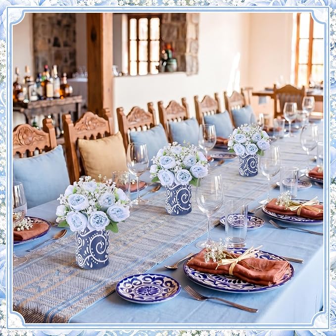 Mumufy 30 Pcs Blue Fiesta Table Centerpieces with Cardboard Paper Vases and Artificial Flowers, Cielito Lindo Mexican Baby Shower Decor for Boy, Bridal Shower, Wedding, Taco Party, Cinco De Mayo