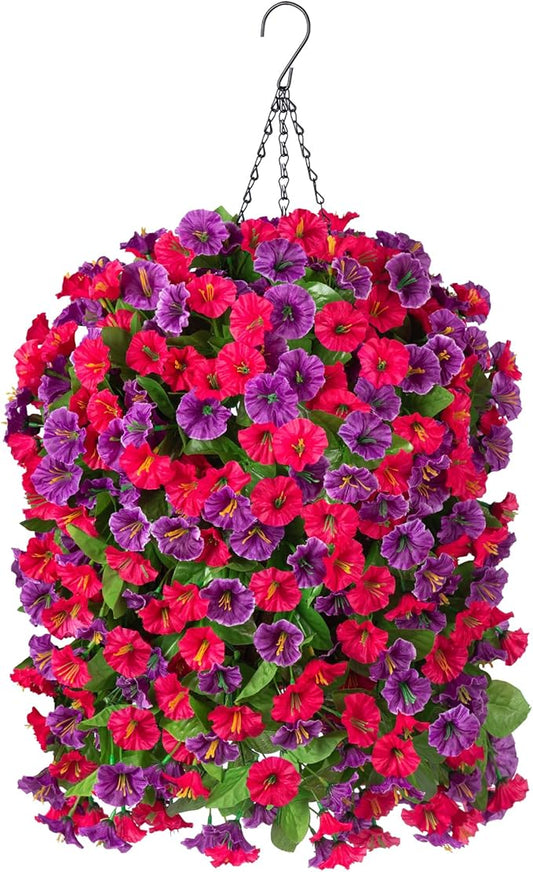 INXUGAO Artificial Flowers with Hanging Basket, Outdoor Faux Plants Silk Morning Glory Vines, Fake Green Arrangement for Garden Patio Spring Summer Decor(4pcs,Hot Pink Purple)