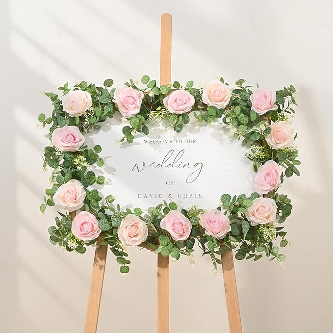 Dolicer 4Pcs 26 Ft Artificial Eucalyptus Garlands with Flowers - 8 Roses, Faux Floral Greenery Garlands Fake Flowers Vines for Wedding Table Centerpieces Arch Party Ceremony Backdrop Decor (Pink)