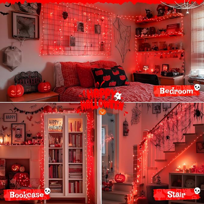 JMEXSUSS 2 Pack Red Fairy Lights Battery Operated, Total 200 LED 66ft Halloween String Lights with Remote, Red Lights for Bedroom Wreath Mantle Tree Fence Indoor Outdoor Fall Xmas Halloween Decor