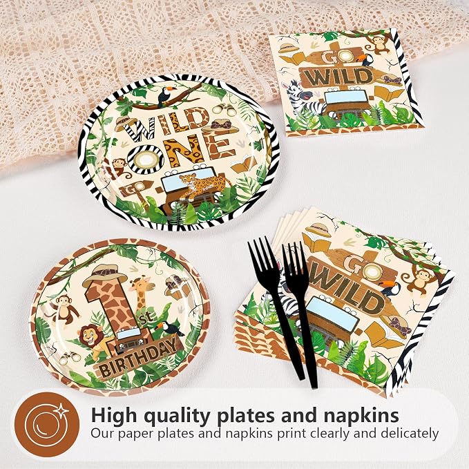 96 Pcs Wild One Birthday Party Decorations Jungle Animal Safari Plates and Napkins Mouse Safari Woodland Themed Tableware Set for Boys Girls 1st Birthday Baby Shower Party Supplies, Serves 24