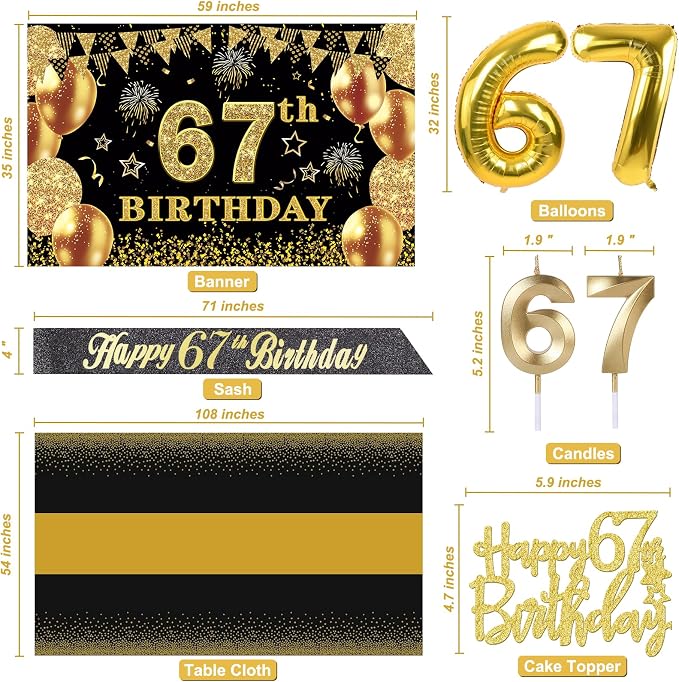 67th Birthday Decorations Men Women with 67th Birthday Banner, Black and Gold Table Cloth, Number Balloons, Sash, Cake Topper and Candles