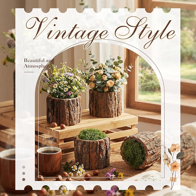8 Set Wooden Vase for Centerpieces Wedding Flower Table Centerpieces Decor Rustic Bark Stump Bucket Farmhouse Wood Planter Pot for Woodland Party Window Home (Fake Green Moss,Large)