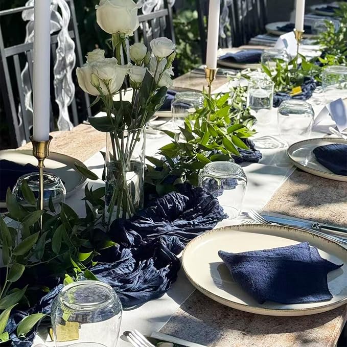 10 Pack Navy Blue Cheesecloth Table Runner 17x108 Inch Semi Sheer Boho Rustic Gauze Cheese Cloth Table Runners for Wedding Party Birthday Baby Shower Home Décor