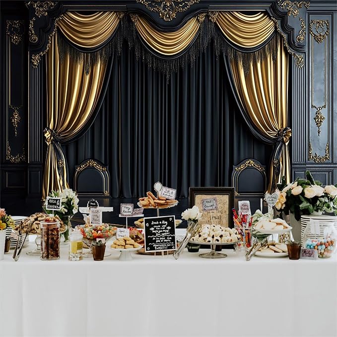 Baocicco Royal Black Wall Backdrops 7x5ft Gold Curtain Luxury Theater Stage Background VIP Shows TV Shows Backdrops Wedding Birthday Party Decors Graduation Ceremony Banner Photo Studio Props