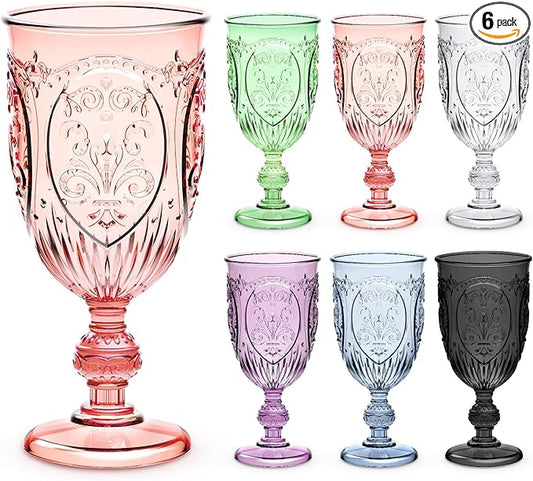 Wiwiqing 6 Pcs Plastic Goblets 7.5oz Vintage Goblet Plastic Wine Glasses Colored Retro Embossed Water Goblets for Wine Bar Juice Baby Shower Wedding Reception Grand Event Party (Multicolor)