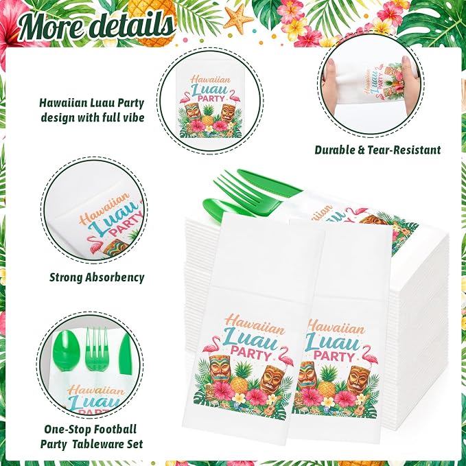 LemonRoad 50 Sets Hawaiian Luau Party Plastic Silverware Serves 50 Green Disposable Prefolded Summer Cutlery Includes Forks Knives Spoons Paper Napkin Luau Party Tableware for Tropical Beach Birthday