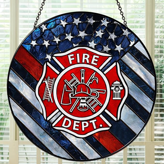 Firefighter Stained Glass Suncatcher 6x6'', Fire Academy Graduation Gift, Fire Department Decor, Firefighter Retirement Gifts, Firefighting Gifts for Men, Memorabilia Keepsake