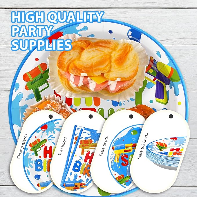Grencian 96Pcs Summer Water Gun Party Decorations Water Gun Party Plates Disposable Let's Get Soaked Paper Tableware Set for Pool Beach Birthday Summer Splash Fun Supplies, Serves 24