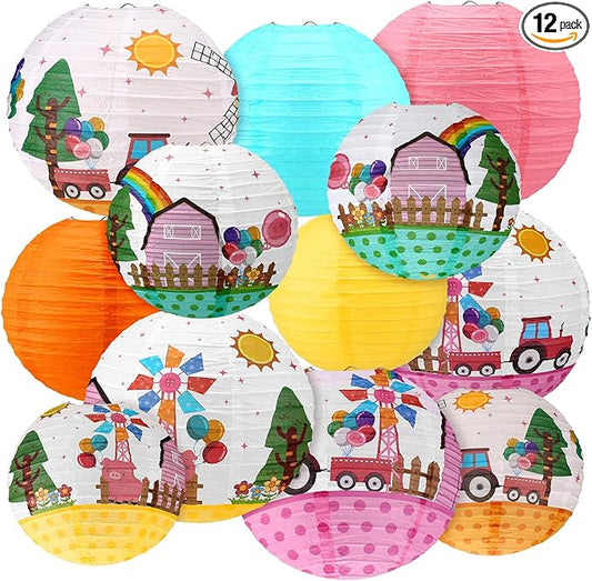 Weysat 12pcs Pink Pig Theme Hanging Paper Lanterns Farm Pig Theme Pink Yellow Orange and Green Round Lantern Decorations Birthday Party Supplies for Birthday Party Shower Classroom Home Decor Supplies
