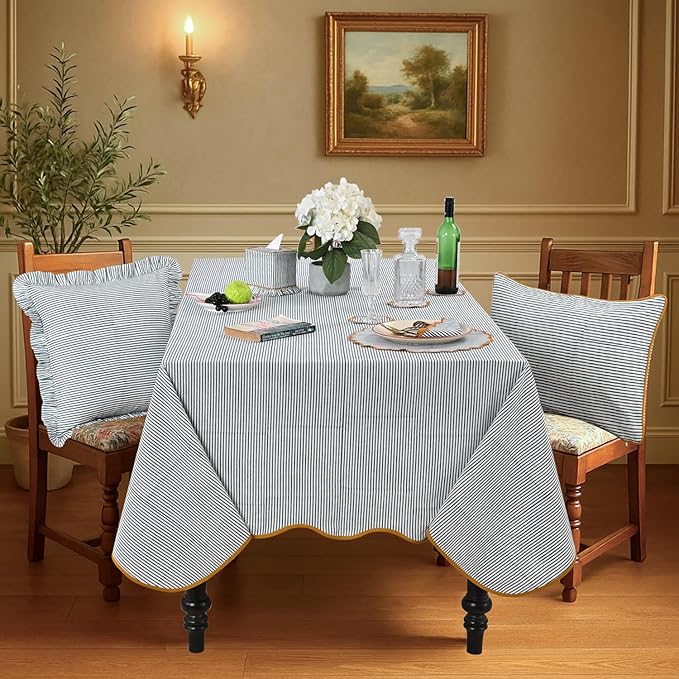 Ridhi Slate Blue Stripe Block Print 60x120 Rectangle Tablecloth Table Cover for Dining Tables, Handcrafted Farmhouse Kitchen Decor, Washable, Decorative Tablecloths for Spring, Easter, Valentine